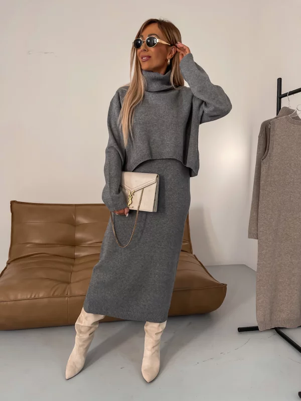 Flair - Damen Strickkleid Set mit Rollkragen | Maxi
