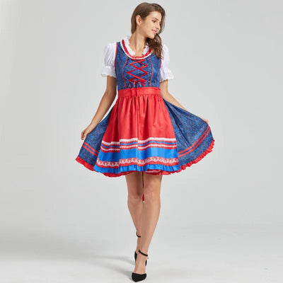 Flair - Damen Blau und Rot Midi Dirndl Kleid | Oktoberfest