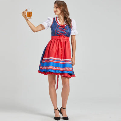Flair - Damen Blau und Rot Midi Dirndl Kleid | Oktoberfest
