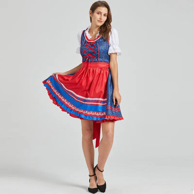 Flair - Damen Blau und Rot Midi Dirndl Kleid | Oktoberfest
