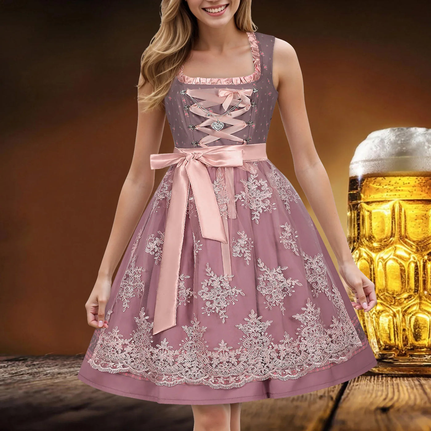 Flair - Damen Rosa Midi Dirndl Kleid | Oktoberfest