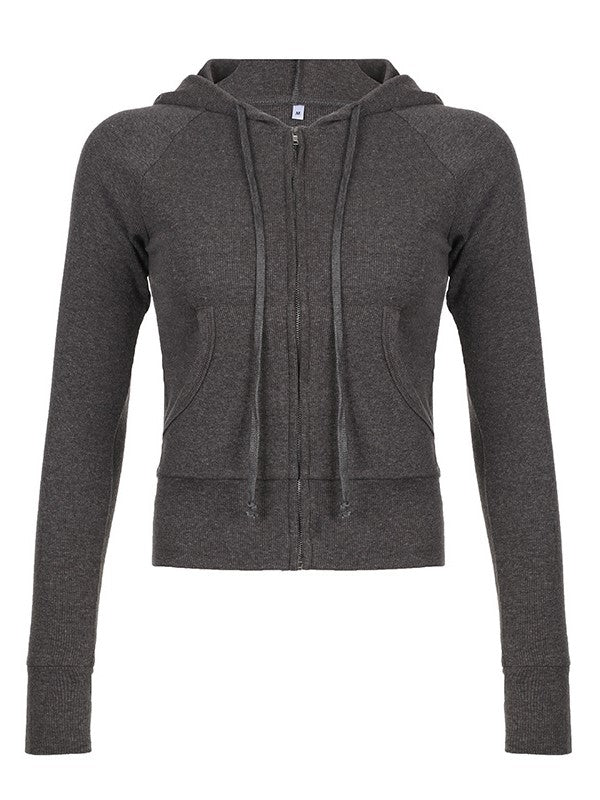 Flair - Graues Vintage Stricktop mit Reißverschluss und Kapuze | Herbst